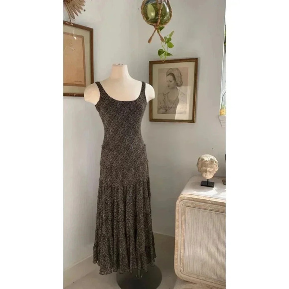 Vintage Boho Dress Geometric Pattern Sleeveless Black and beige Flared Skirt